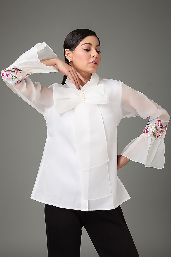 White Organza Embroidered Shirt by Parneet Gujral