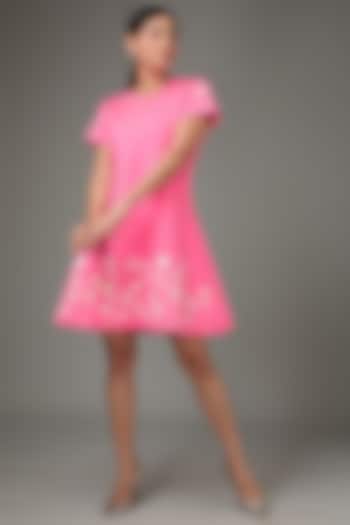 Pink Scuba Embroidered Mini Dress by Parneet Gujral