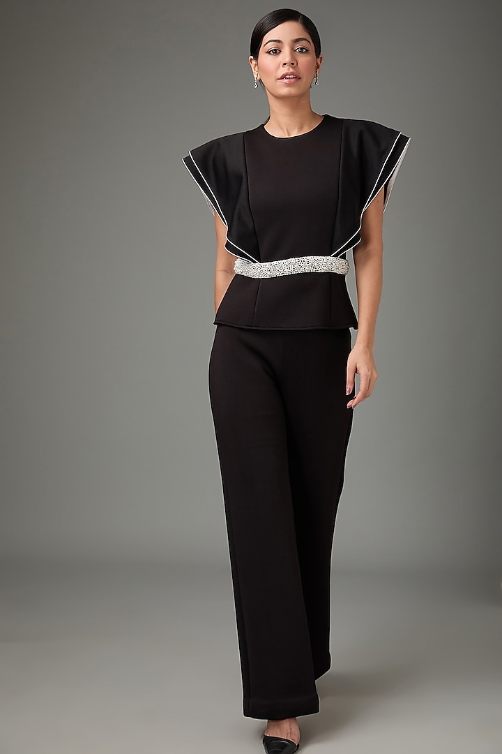Black Scuba Embroidered Jumpsuit by Parneet Gujral