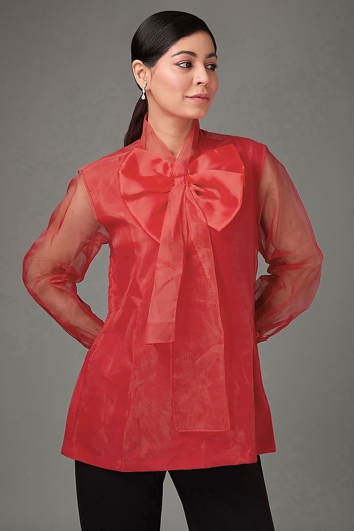 Red Rose Organza Bow Top by Parneet Gujral