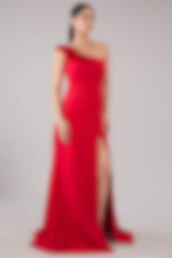 Red Crepe Embroidered Off-Shoulder Gown by Parneet Gujral