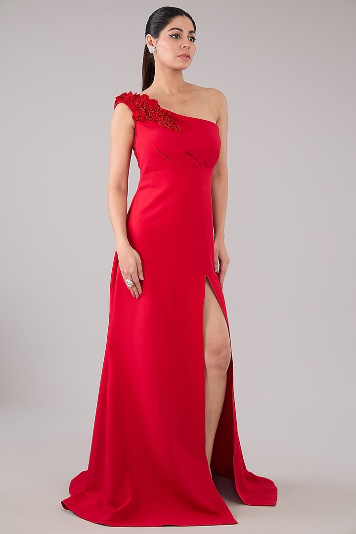 Red Crepe Embroidered Off-Shoulder Gown by Parneet Gujral