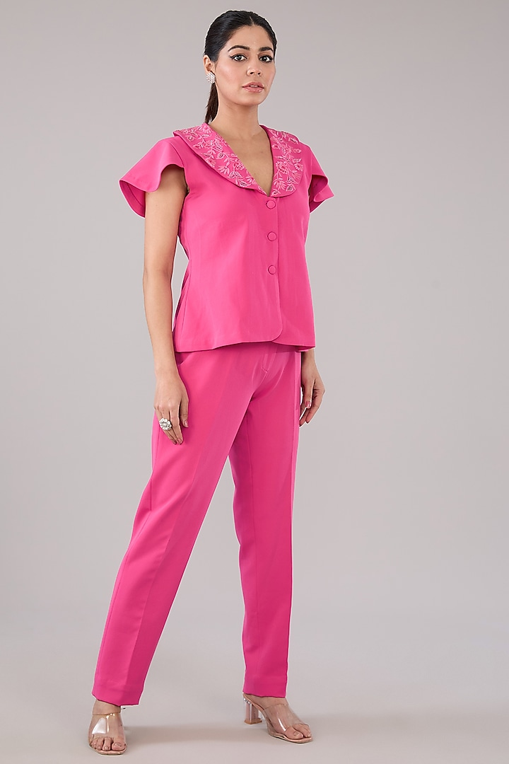 Hot Pink Banana Crepe Co-Ord Set by Parneet Gujral