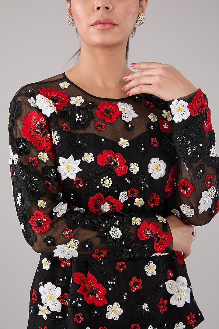 Black Georgette Embroidered Top by Parneet Gujral at Pernia's Pop Up Shop