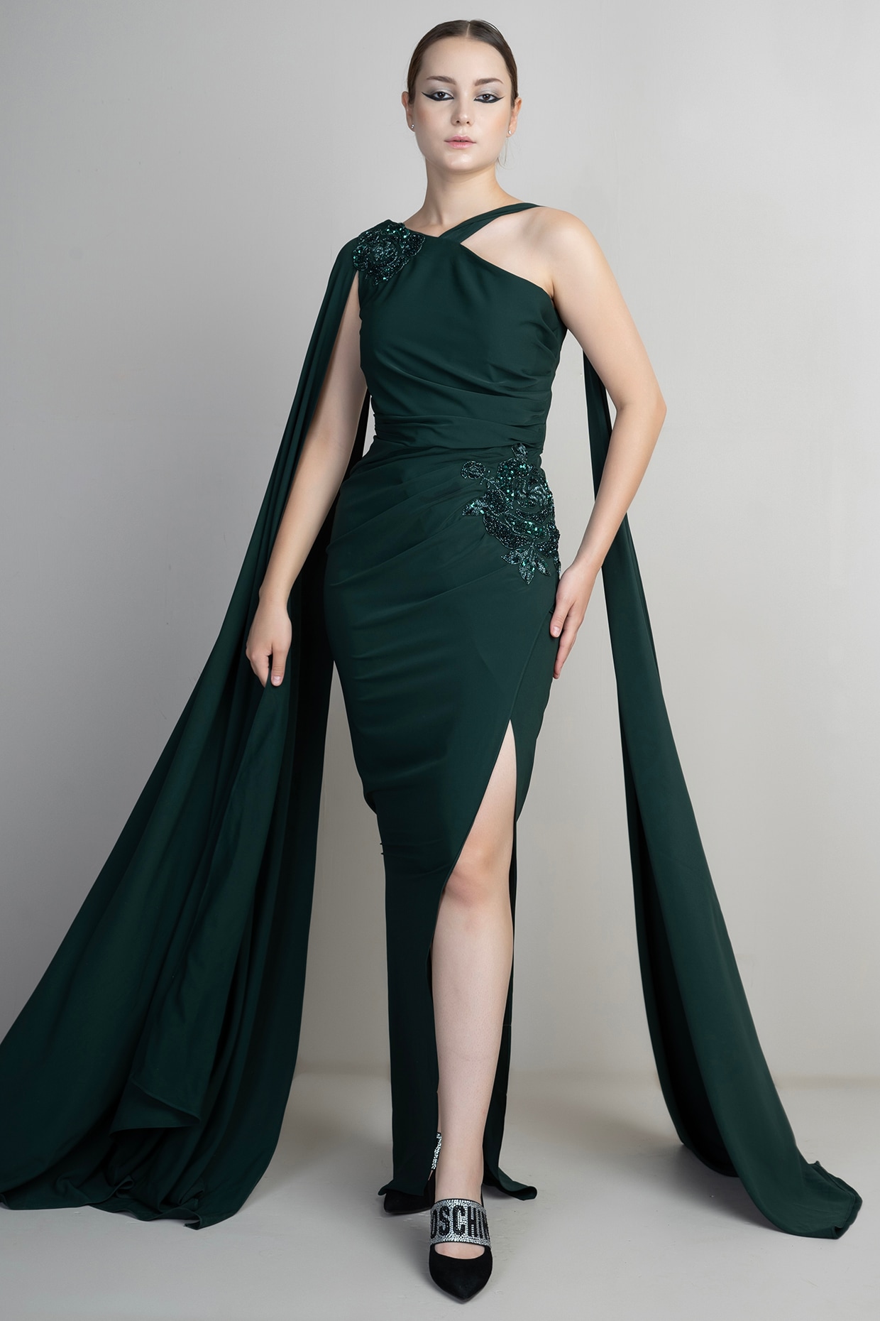 Parneet Gujral Bottle Green Luxury Crepe Gown