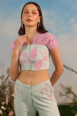 Sky Blue Banana Crepe Top by Parneet Gujral
