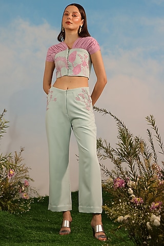 Sky Blue Banana Crepe Pants by Parneet Gujral