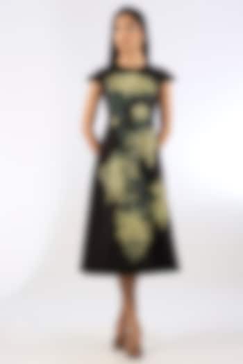 Black Crepe Floral Motif Vacation Dress by Parneet Gujral at Pernia's Pop Up Shop