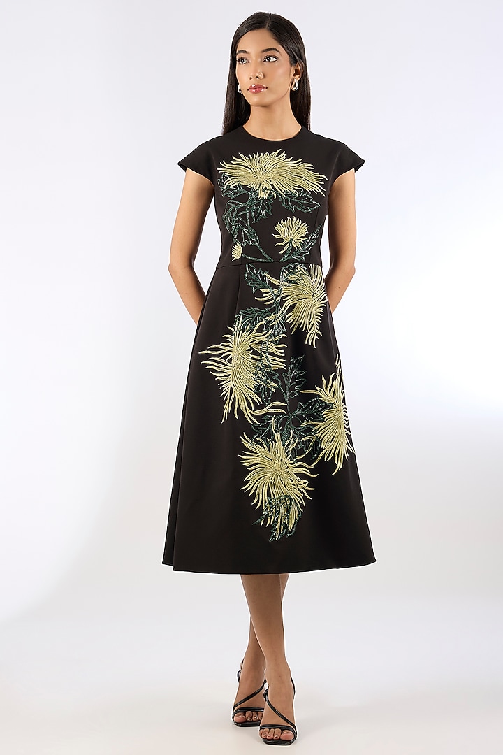 Black Crepe Floral Motif Vacation Dress by Parneet Gujral at Pernia's Pop Up Shop