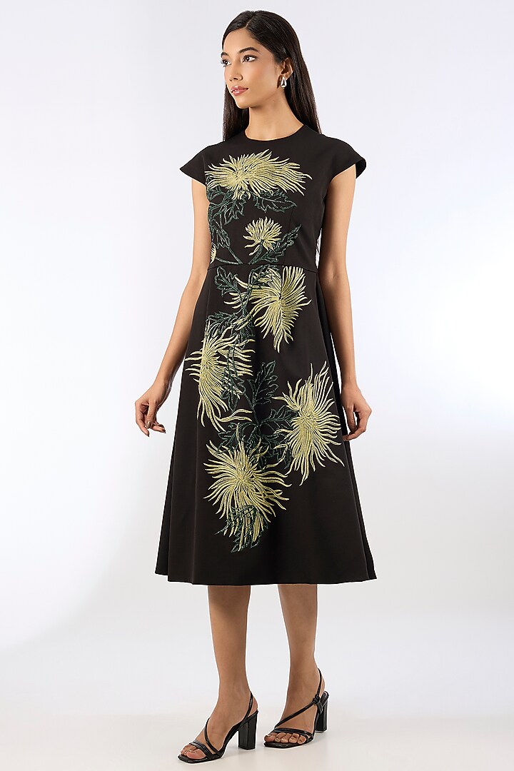 Black Crepe Floral Motif Vacation Dress by Parneet Gujral at Pernia's Pop Up Shop