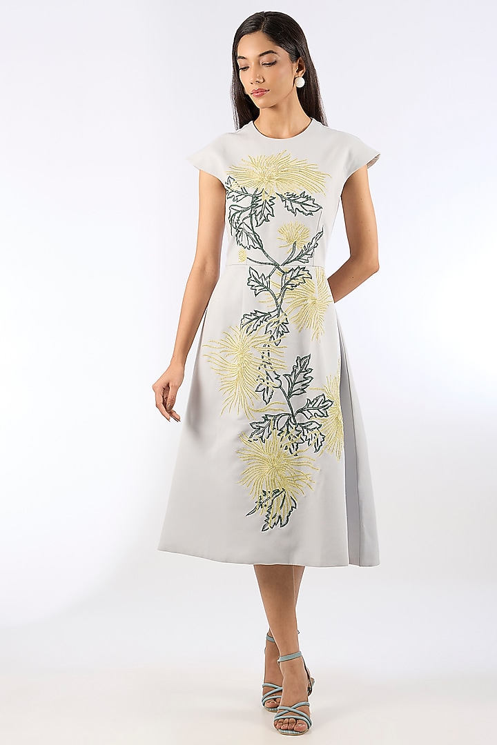 Blue Crepe Floral Motif Vacation Dress by Parneet Gujral at Pernia's Pop Up Shop