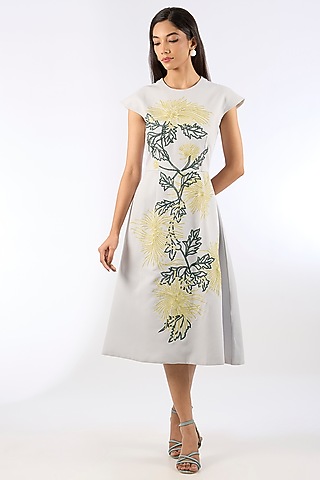 Blue Crepe Floral Motif Dress by Parneet Gujral