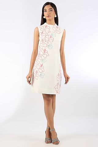 White Crepe Floral Motif Dress by Parneet Gujral