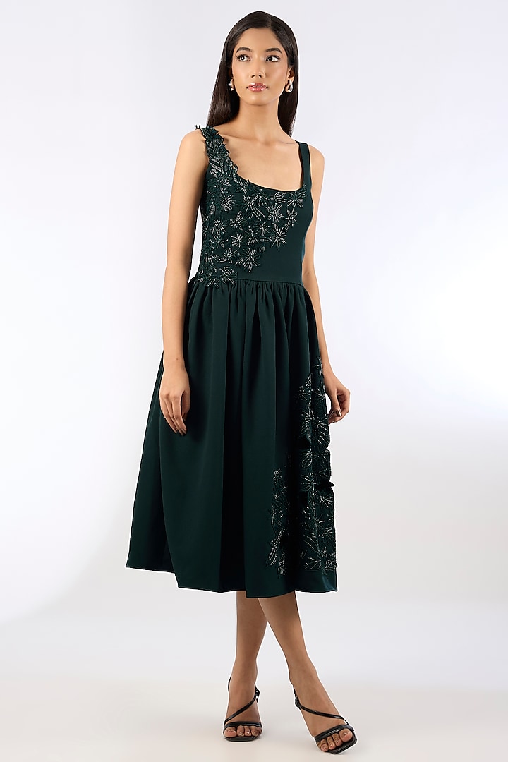 Green Crepe Sequins Floral Embroidered Vacation Dress by Parneet Gujral at Pernia's Pop Up Shop