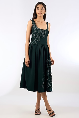 Green Crepe Sequins Floral Embroidered Dress by Parneet Gujral