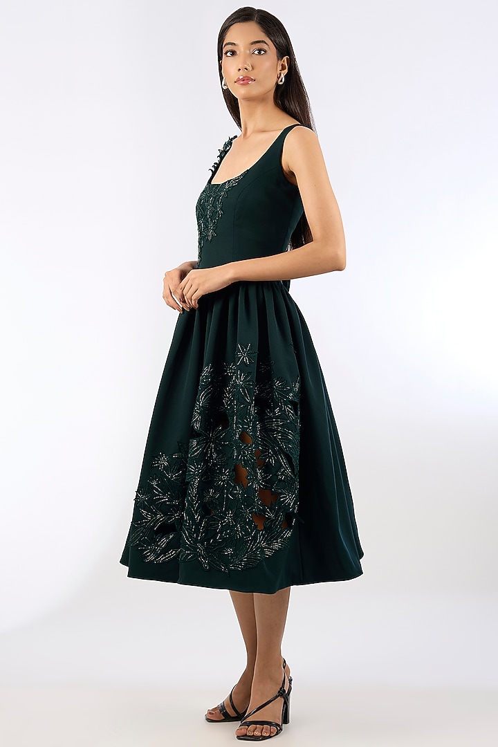 Green Crepe Sequins Floral Embroidered Vacation Dress by Parneet Gujral at Pernia's Pop Up Shop