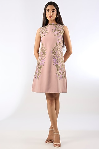 Blush Pink Crepe Floral Embroidered Dress by Parneet Gujral