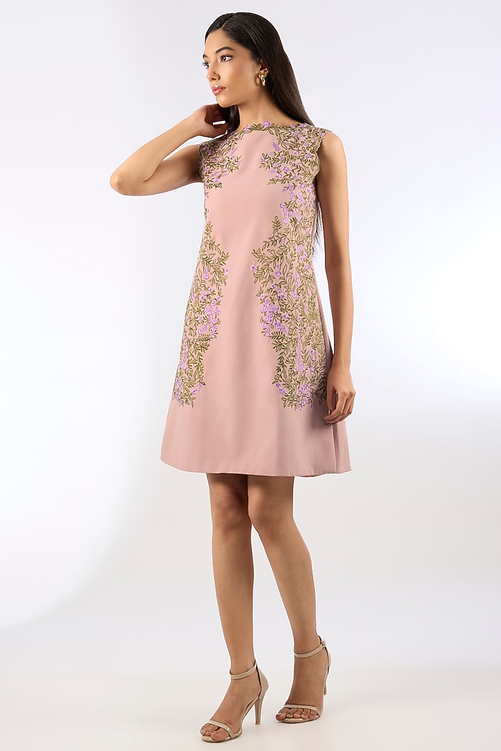 Blush Pink Crepe Floral Embroidered Vacation Dress by Parneet Gujral at Pernia's Pop Up Shop