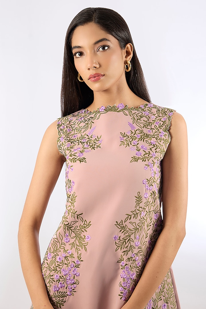 Blush Pink Crepe Floral Embroidered Vacation Dress by Parneet Gujral at Pernia's Pop Up Shop