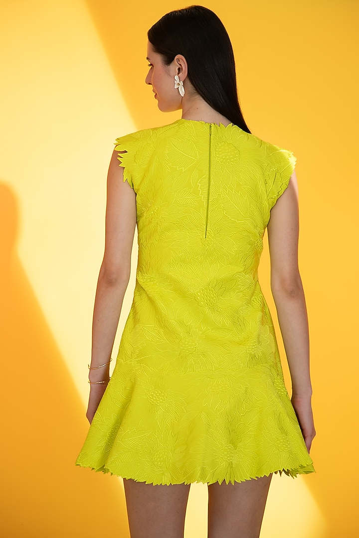 Sunflower Yellow Banana Crepe Machine Work Mini Dress by Parneet