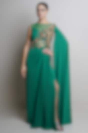 Green Crepe Embroidered Gown by Parneet Gujral at Pernia's Pop Up Shop