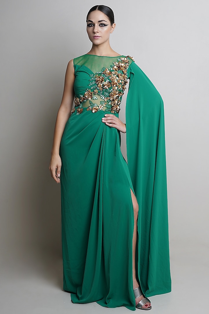 Green Crepe Embroidered Gown by Parneet Gujral at Pernia's Pop Up Shop