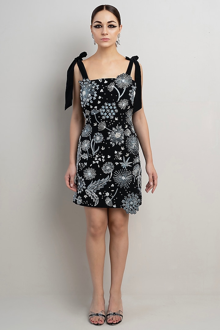 Black Crepe Embroidered Chloe Dress by Parneet Gujral at Pernia's Pop Up Shop