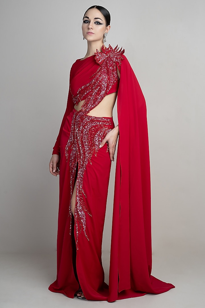 Red Crepe Gown by Parneet Gujral at Pernia's Pop Up Shop