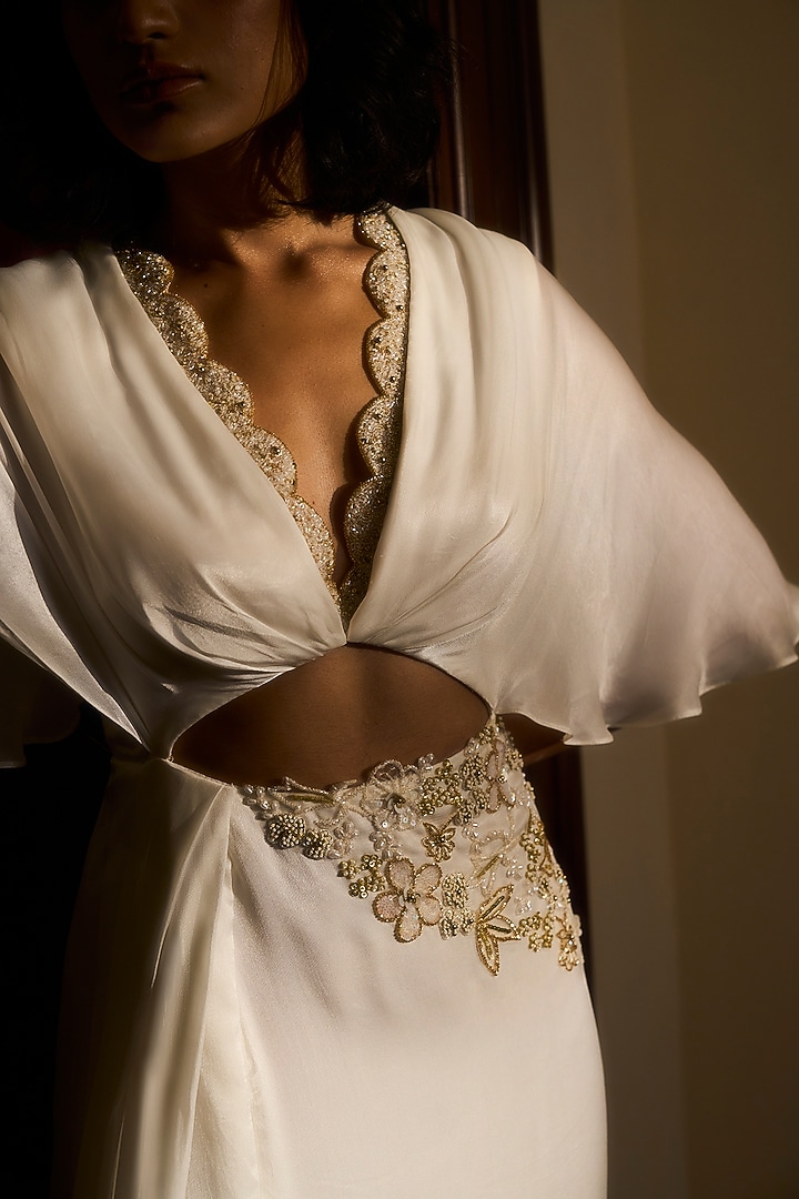 Off-White Viscose Georgette Satin Embellished Engagement Gown by Parshya at Pernia's Pop Up Shop
