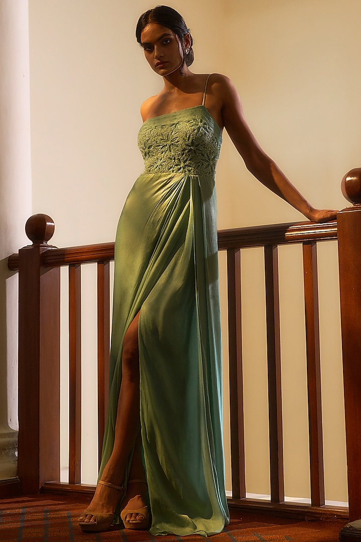 Sea Green Viscose Georgette Satin Embellished Gown by Parshya