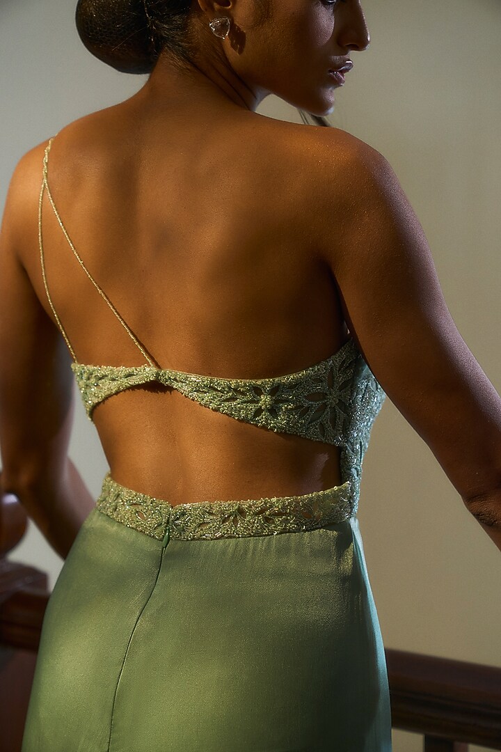 Sea Green Viscose Georgette Satin Embellished Engagement Gown by Parshya at Pernia's Pop Up Shop