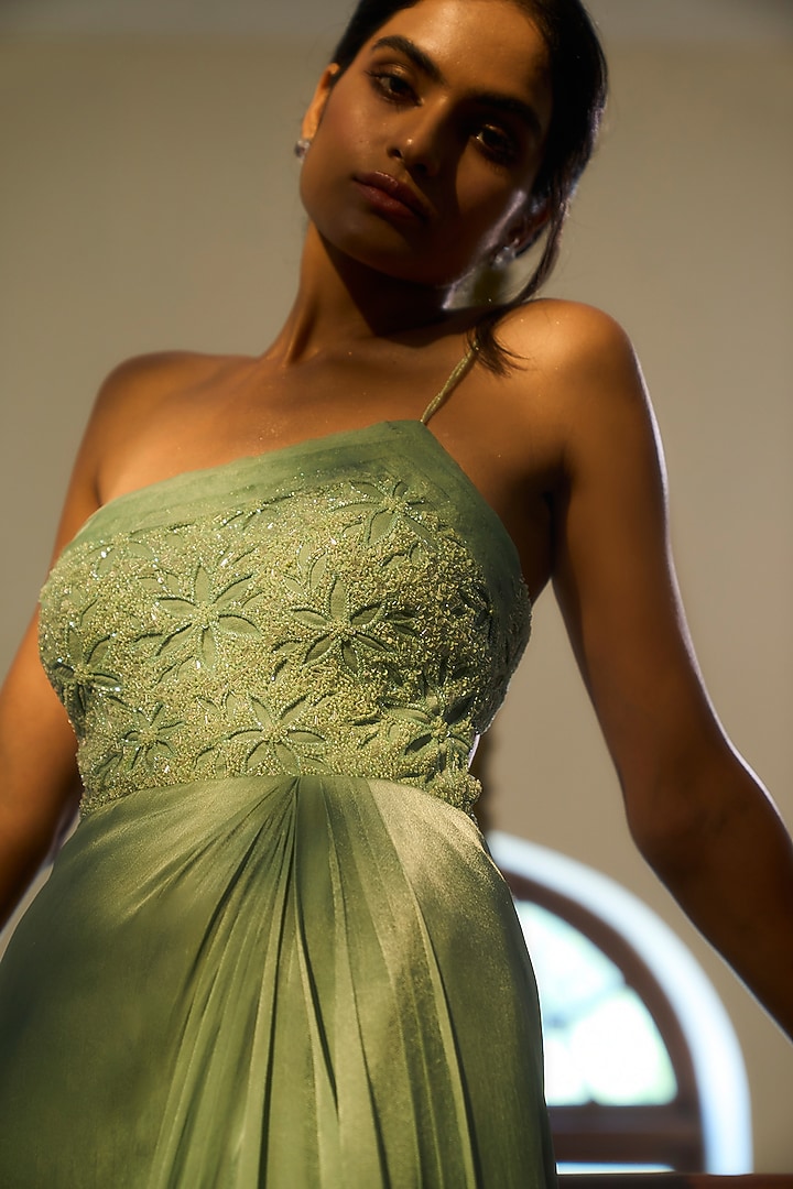 Sea Green Viscose Georgette Satin Embellished Engagement Gown by Parshya at Pernia's Pop Up Shop