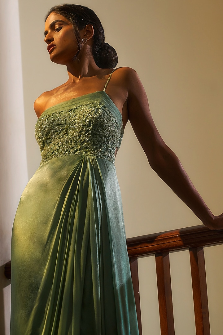 Sea Green Viscose Georgette Satin Embellished Engagement Gown by Parshya at Pernia's Pop Up Shop