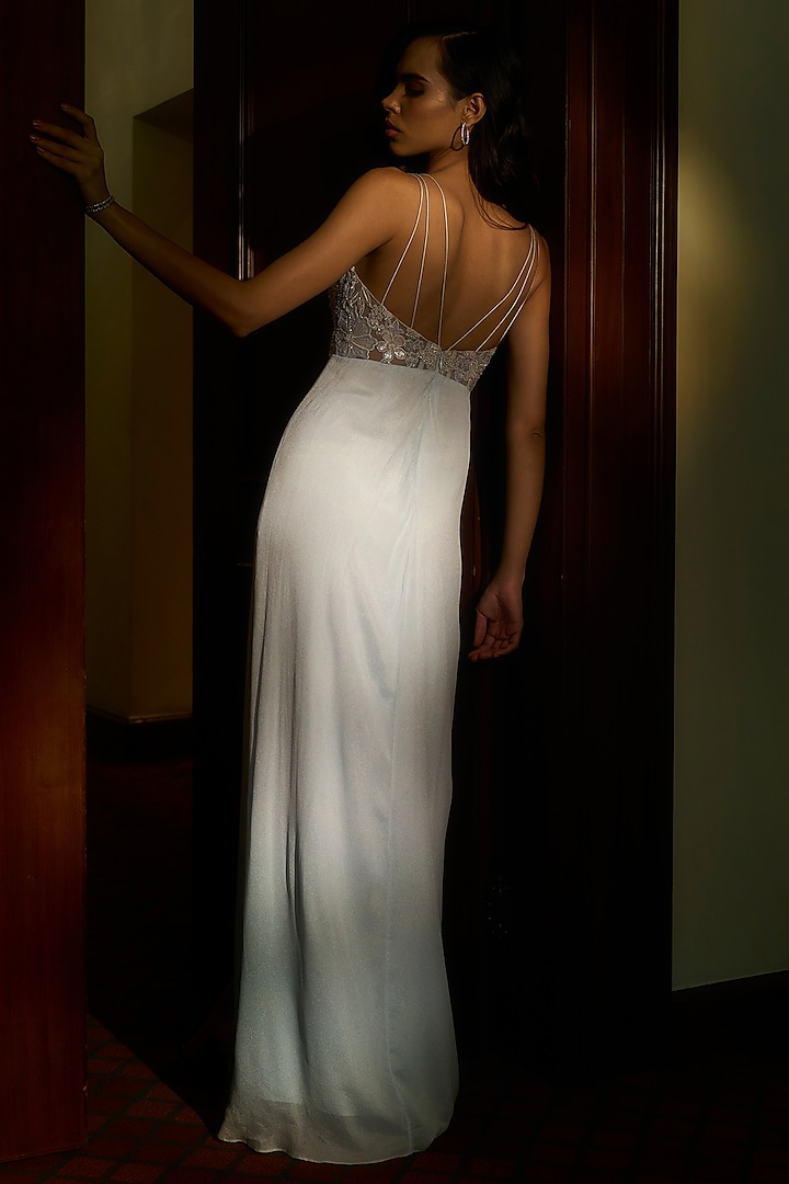 Ice Blue Viscose Crepe Georgette Embellished Engagement Gown by Parshya at Pernia's Pop Up Shop