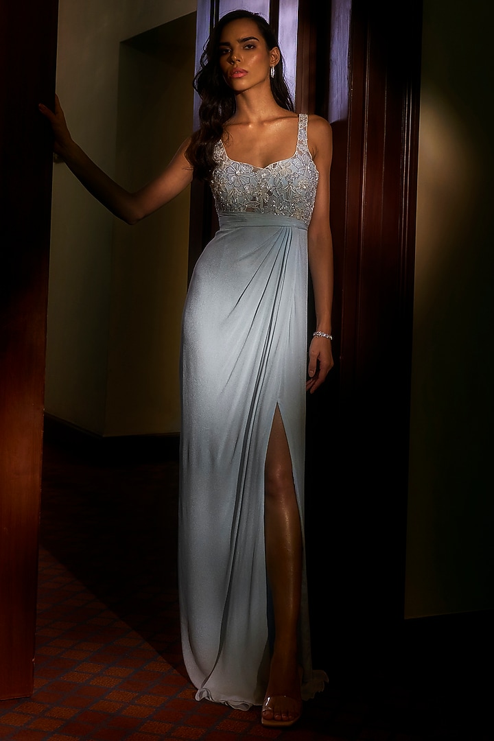 Ice Blue Viscose Crepe Georgette Embellished Engagement Gown by Parshya at Pernia's Pop Up Shop