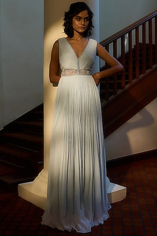 Ice Blue Viscose Chinon Chiffon Embellished Gown by Parshya