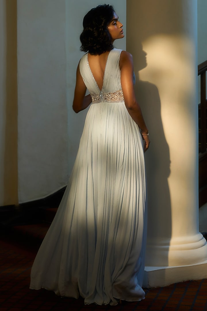 Ice Blue Viscose Chinon Chiffon Embellished Engagement Gown by Parshya at Pernia's Pop Up Shop