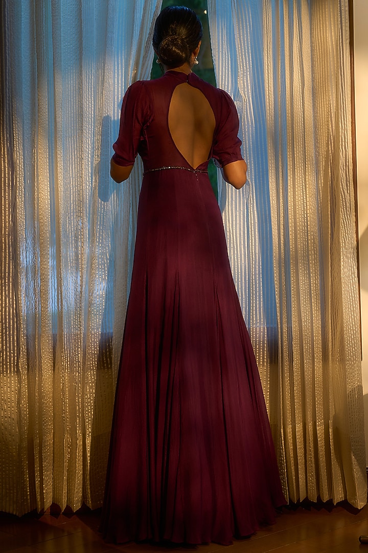 Wine Viscose Flat Chiffon Embellished Engagement Gown by Parshya at Pernia's Pop Up Shop