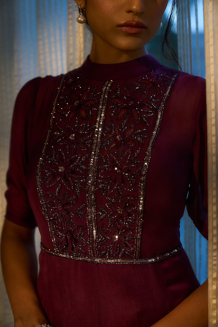 Wine Viscose Flat Chiffon Embellished Engagement Gown by Parshya at Pernia's Pop Up Shop