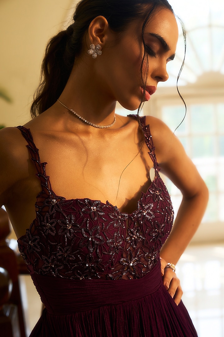 Wine Viscose Chinon Chiffon Embellished Engagement Gown by Parshya at Pernia's Pop Up Shop