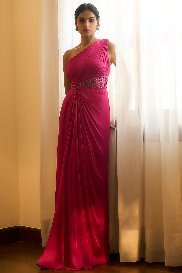 Hot Pink Viscose Georgette Satin Embellished Gown by Parshya