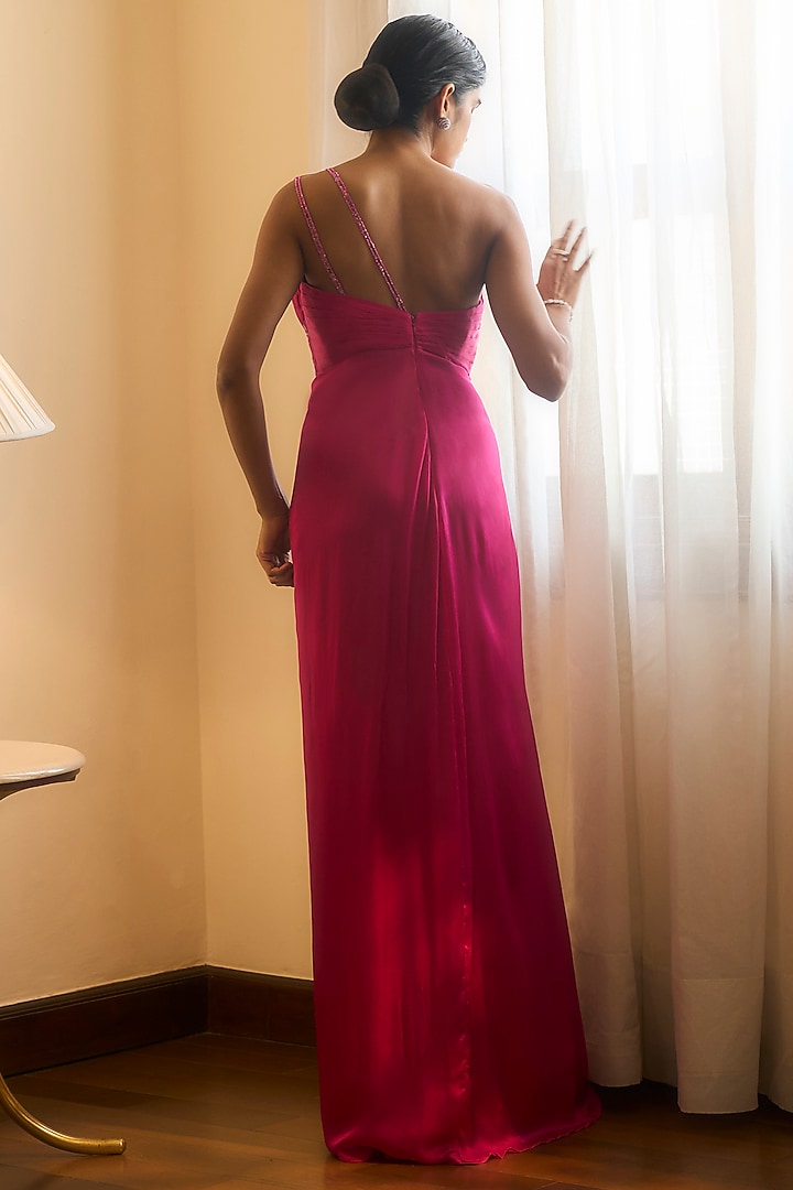 Hot Pink Viscose Georgette Satin Embellished Party Wear Gown by Parshya at Pernia's Pop Up Shop