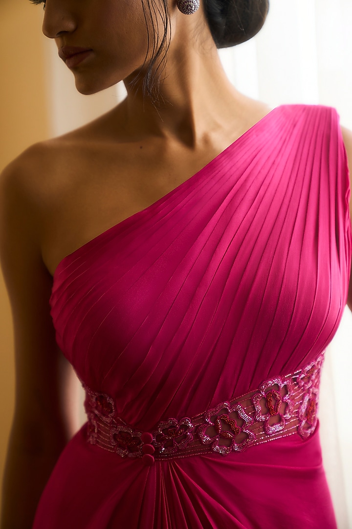 Hot Pink Viscose Georgette Satin Embellished Party Wear Gown by Parshya at Pernia's Pop Up Shop