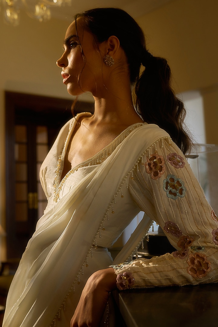 Off-White Crepe Georgette Embellished Draped Wedding Saree Set by Parshya at Pernia's Pop Up Shop