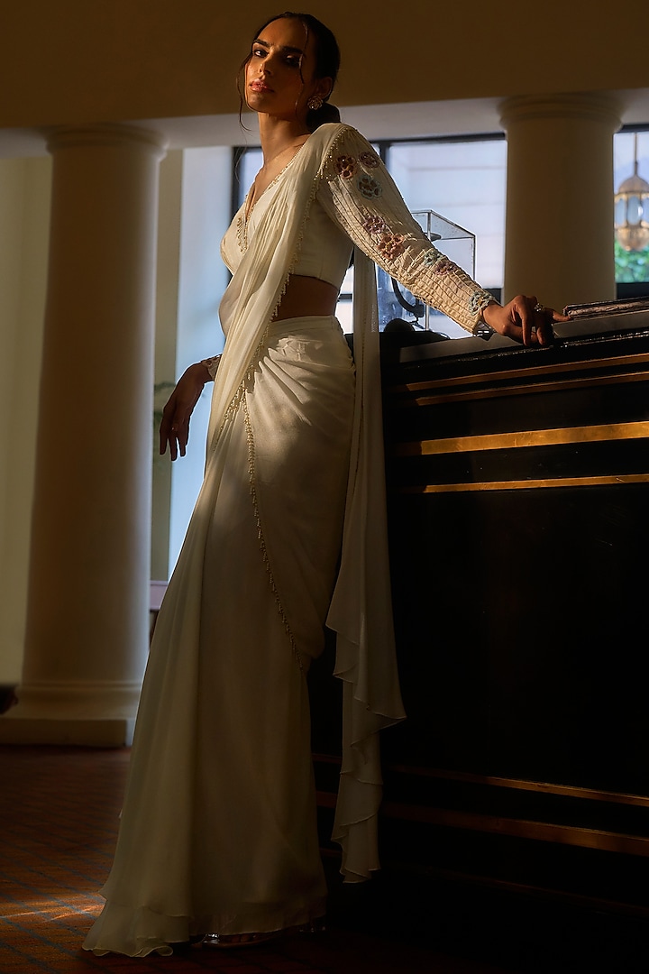 Off-White Crepe Georgette Embellished Draped Wedding Saree Set by Parshya at Pernia's Pop Up Shop