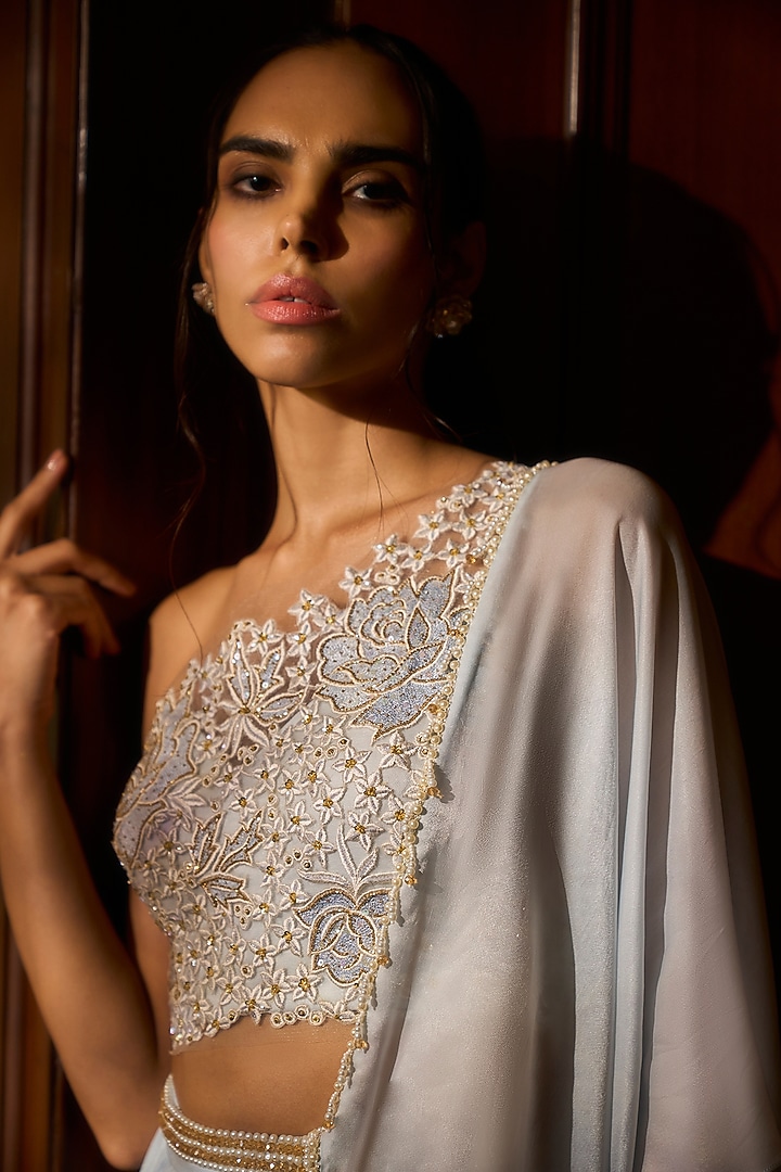 Ice Blue Viscose Georgette Satin Draped Wedding Saree Set by Parshya at Pernia's Pop Up Shop