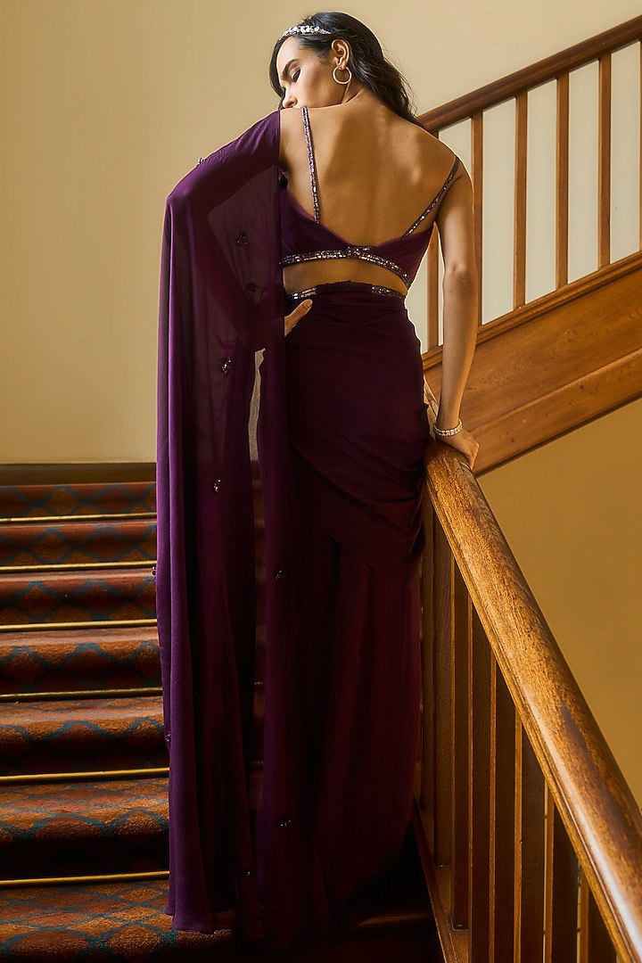 Wine Crepe Georgette Hand Embellished Draped Wedding Saree Set by Parshya at Pernia's Pop Up Shop