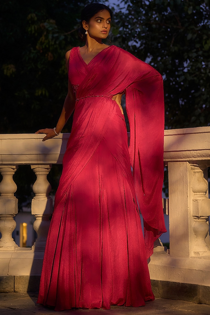 Hot Pink Crepe Georgette Embellished Draped Saree Set by Parshya