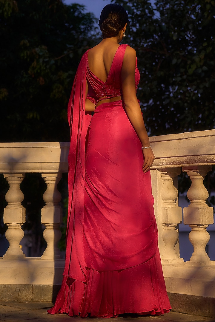 Hot Pink Crepe Georgette Embellished Draped Wedding Saree Set by Parshya at Pernia's Pop Up Shop