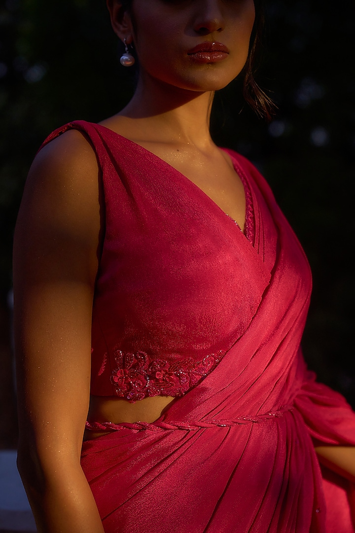 Hot Pink Crepe Georgette Embellished Draped Wedding Saree Set by Parshya at Pernia's Pop Up Shop